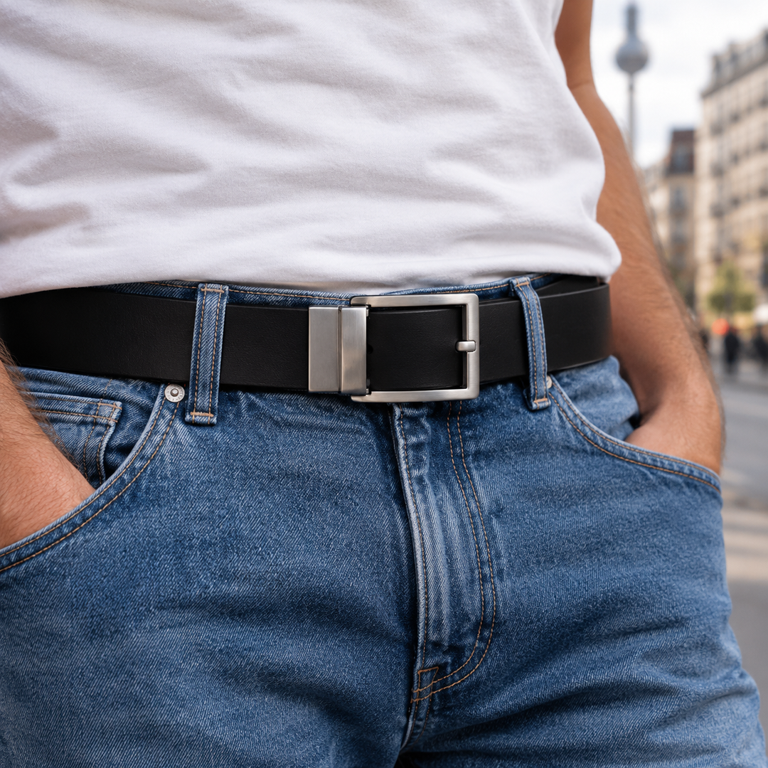 Mann trägt schwarzen Herrrengürtel von Papas Shorts