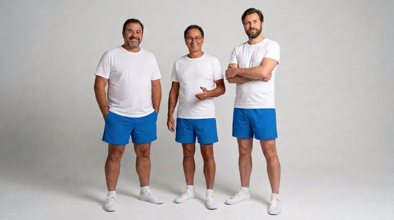 Drei Männer unterschiedlicher Größe tragen die Papas Shorts Sporthose