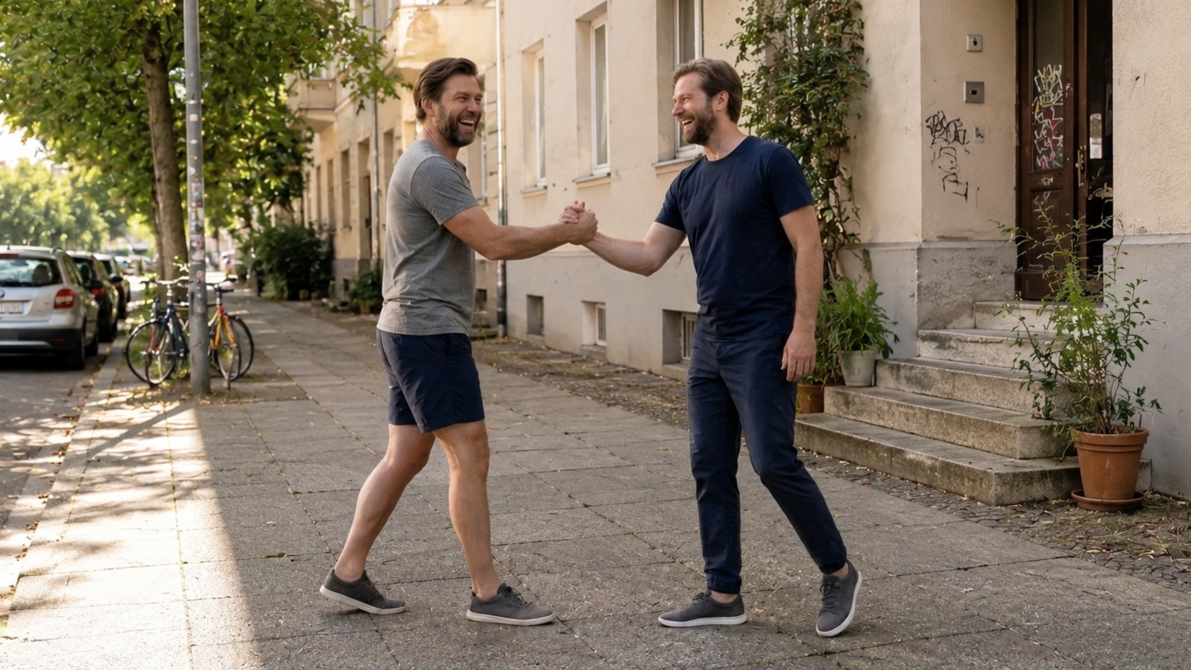 Zwei Männer in Sommerhosen von PapasShorts die sich begrüßen
