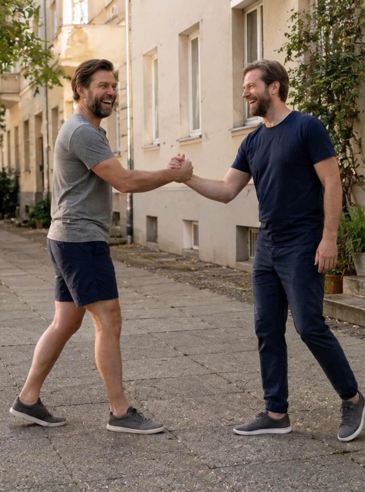 Zwei Männer in Sommerhosen von PapasShorts die sich begrüßen